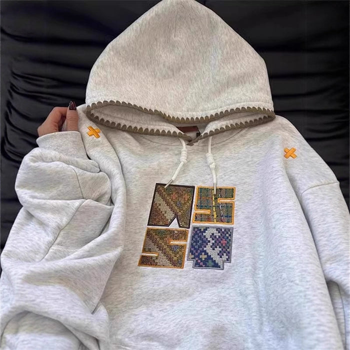 Embroidered Hooded Sweatshirt Women Oversized Loose Style Fleece Lined Coat Trendy