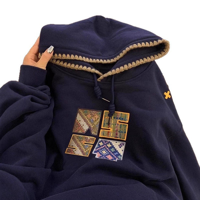 Embroidered Hooded Sweatshirt Women Oversized Loose Style Fleece Lined Coat Trendy
