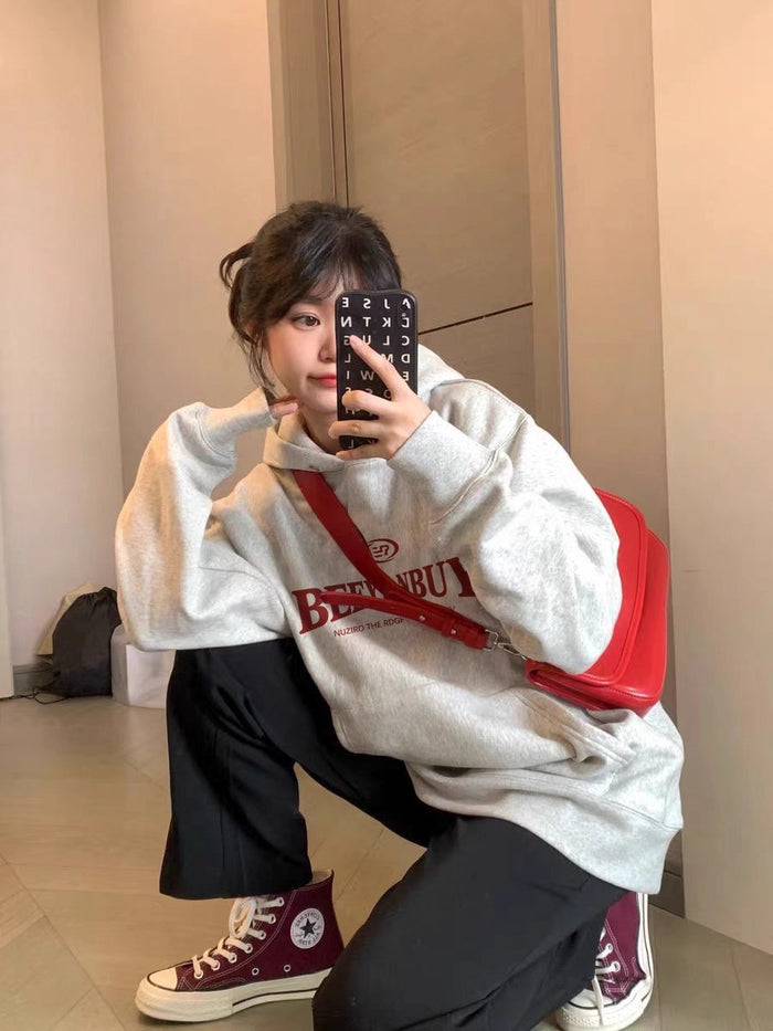 Embroidered Hooded Sweatshirt Women Oversized Loose Style Fleece Lined Coat Trendy