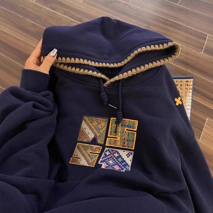 Embroidered Hooded Sweatshirt Women Oversized Loose Style Fleece Lined Coat Trendy