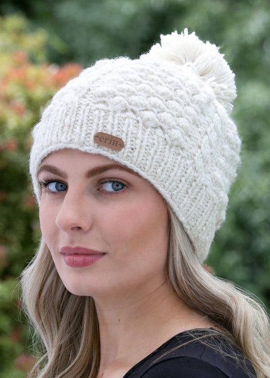 Erin Aran Cable Blackberry Bobble Hat | Natural