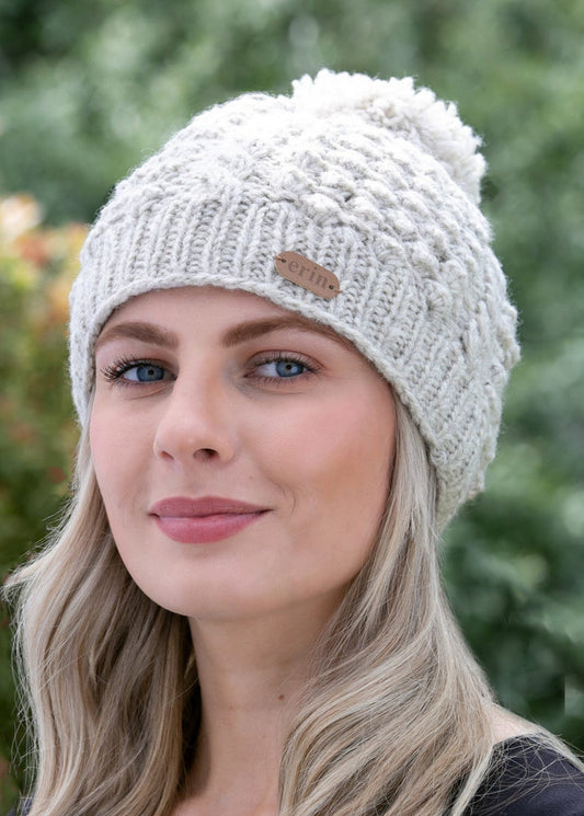 Erin Aran Cable Blackberry Bobble Hat | Oatmeal