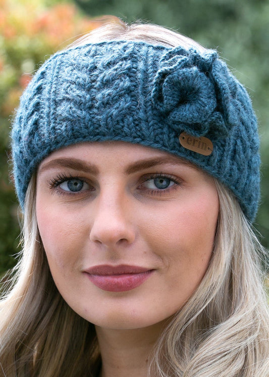 Erin Aran Cable Knitted Wool Flower Headband | Denim