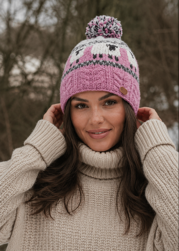Erin Aran Sheep Bobble Hat | Pink & Grey
