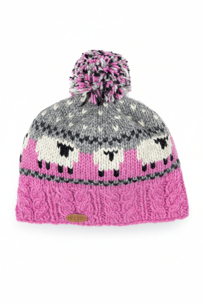 Knitted hat with pink and gray pattern and purple pom-pom on a white background