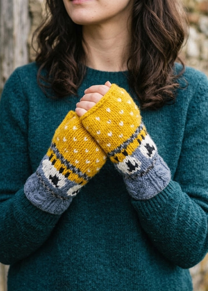 Erin Aran Sheep Handwarmers | Blue & Yellow