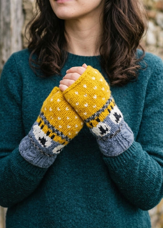 Erin Aran Sheep Handwarmers | Blue & Yellow