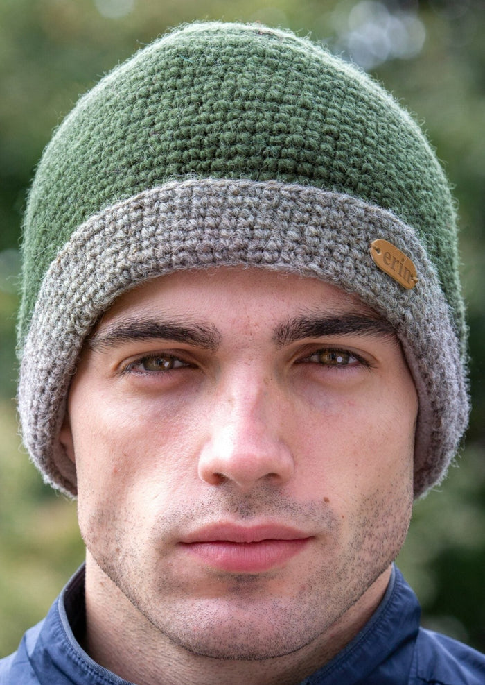 Crochet Turn up Hat Green/Oatmeal