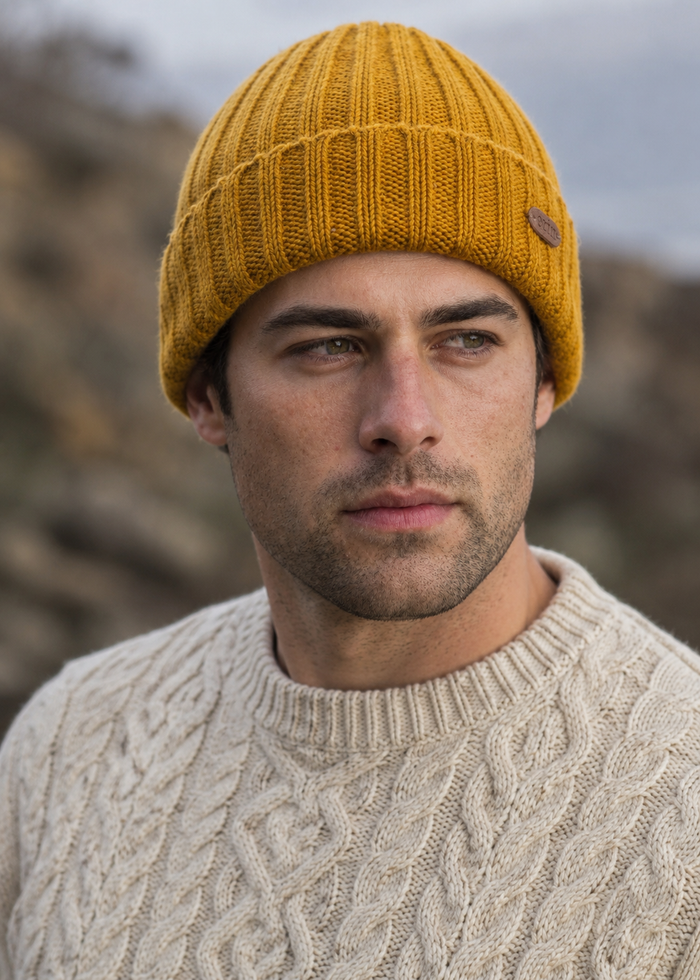 Erin Irish Wool Rib Knit Hat with Fleece Lining | Mustard