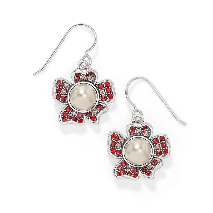 Brighton silver-plated drop earrings with glass pearl cabochon centers and red crystal floral petals on a white background