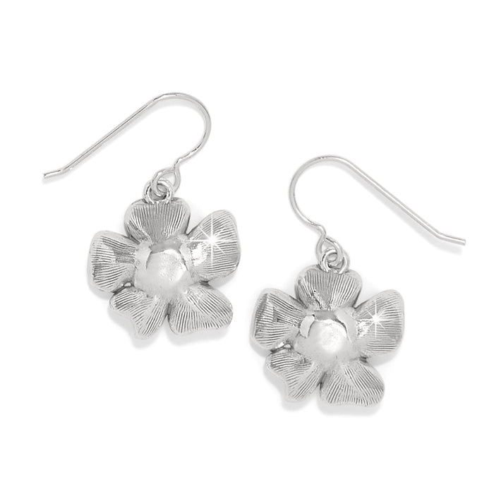 Brighton drop earrings with silver-plated flower charms featuring textured petals and rounded centers on a white background