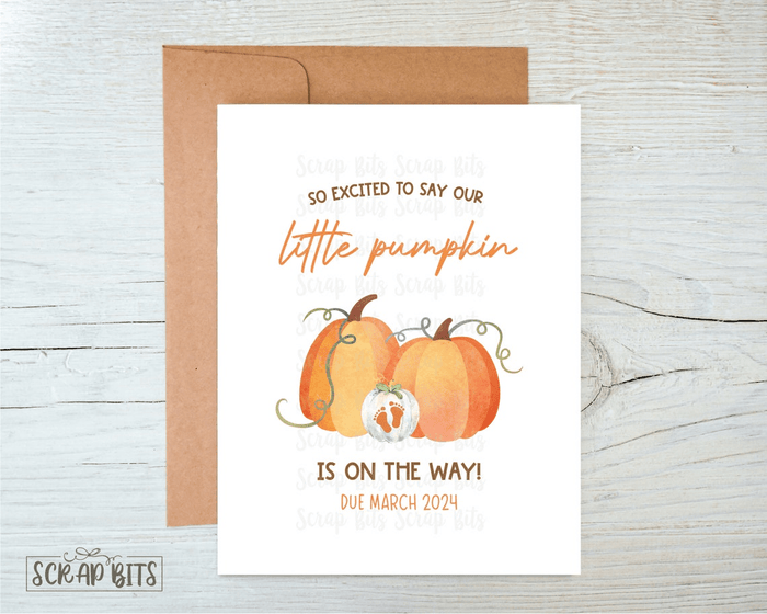 Fall Pregnancy Reveal Card, Watercolor Little Pumpkin On The Way - Scrap Bits