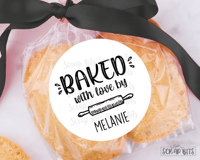 Farmhouse Script Baked With Love Stickers, Rolling Pin . Personalized Baking Labels - Scrap Bits