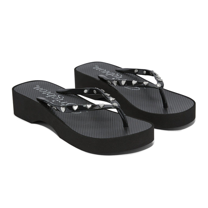 Brighton black rubber wedge flip-flop sandals with silver-tone heart studs on the straps on a white background