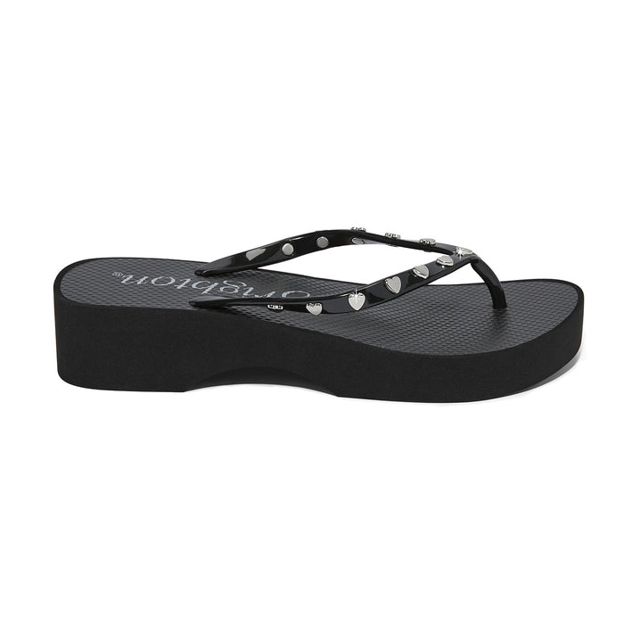 Brighton black rubber wedge flip-flop sandal with heart studs and silver-tone accents on strap on a white background