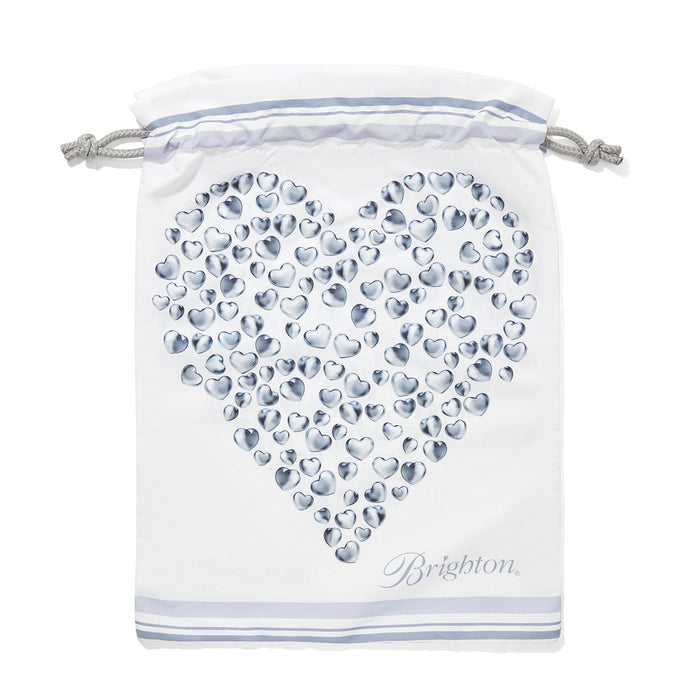 Brighton white drawstring pouch with blue heart cluster graphic print and gray cord ties on a white background