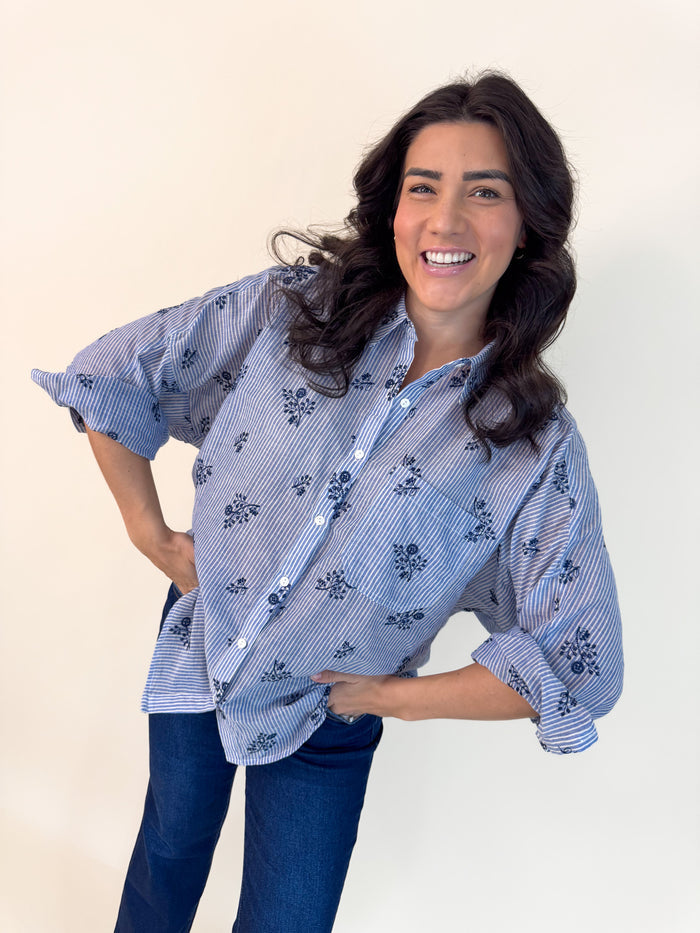 Floral Embroidered Striped Button Down Top