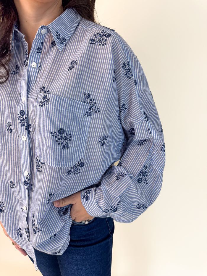 Floral Embroidered Striped Button Down Top