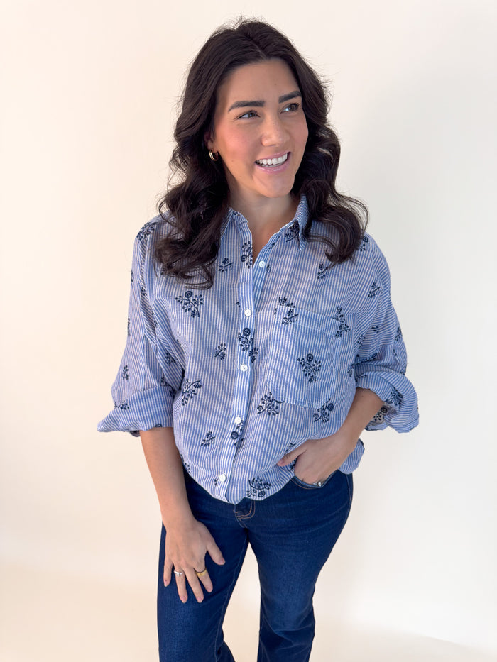 Floral Embroidered Striped Button Down Top