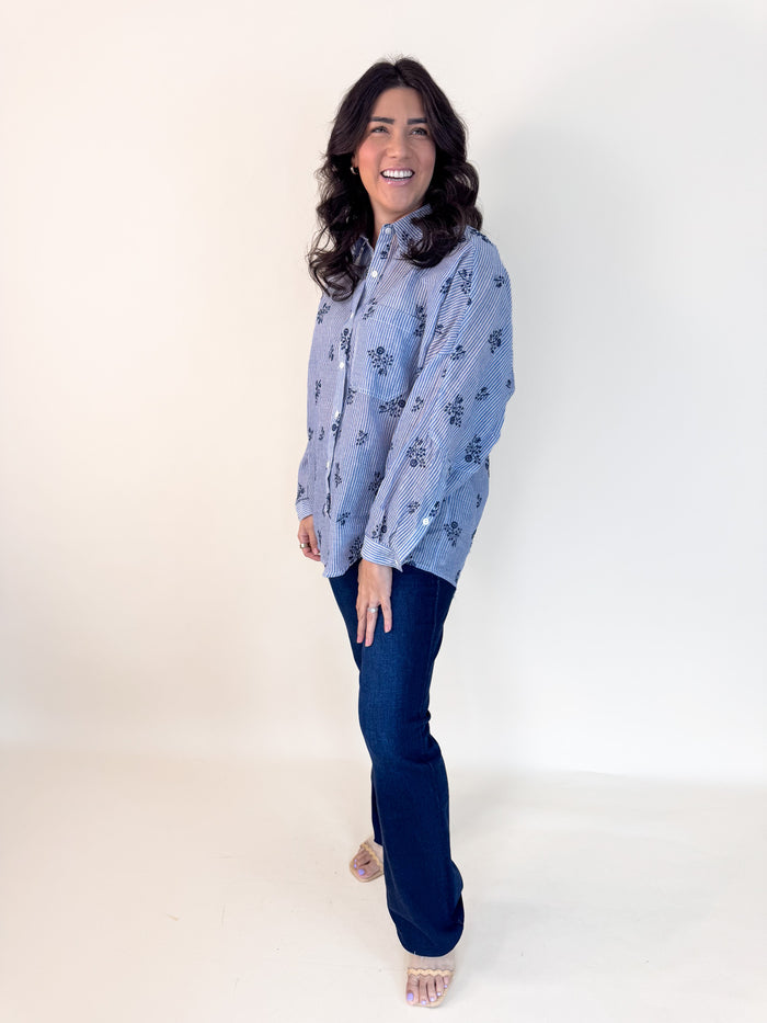 Floral Embroidered Striped Button Down Top