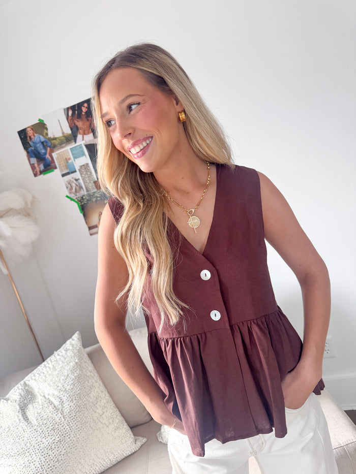 Be Cool Flowy Button Up Chocolate Blouse – women's tank top