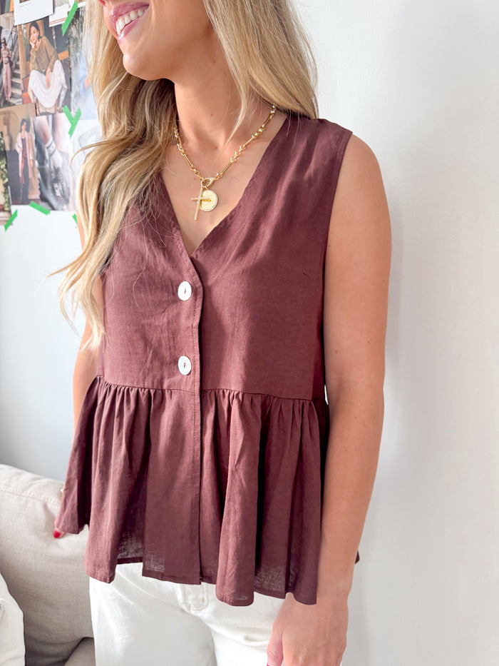 Be Cool Flowy Button Up Chocolate Blouse – women's tank top