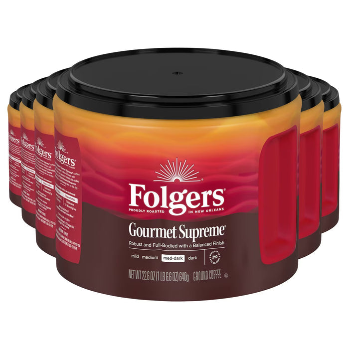Folgers Gourmet Supreme Medium-Dark Roast Ground Coffee Full-Bodied & Balanced 22.6 oz - 6 Pack