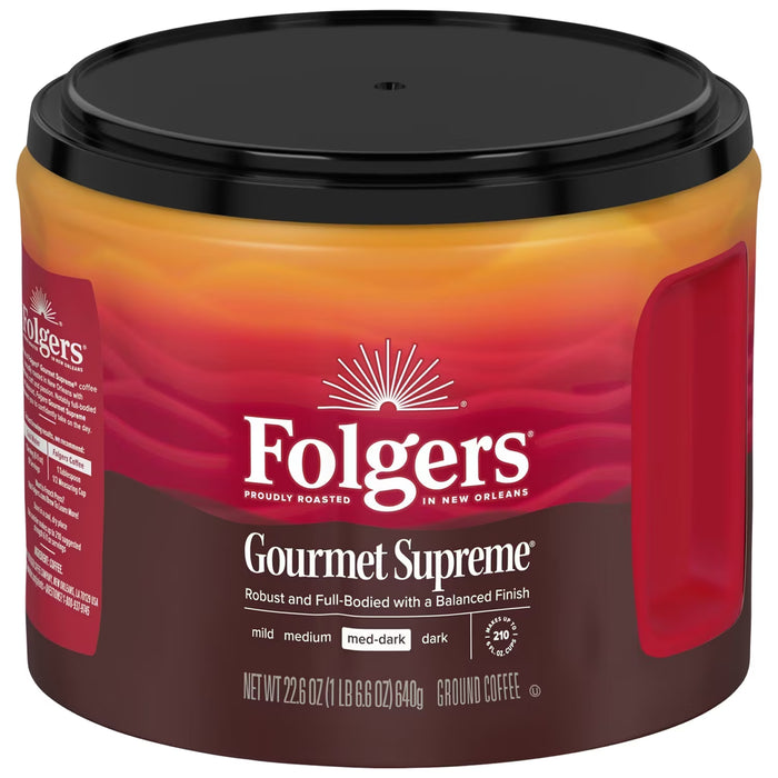 Folgers Gourmet Supreme Medium-Dark Roast Ground Coffee Full-Bodied & Balanced 22.6 oz - 6 Pack