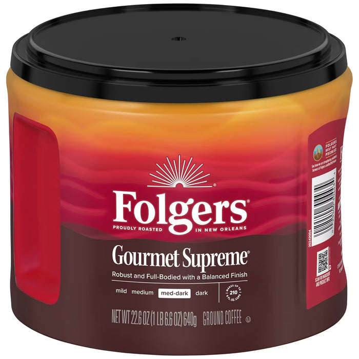Folgers Gourmet Supreme Medium-Dark Roast Ground Coffee Full-Bodied & Balanced 22.6 oz - 6 Pack