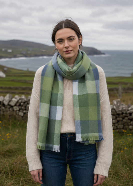Foxford Giant Merino Scarf | Green & Blue Block