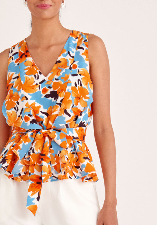 Paisie Floral Sleeveless Frilled V-Neck Blouse in Orange Close Up