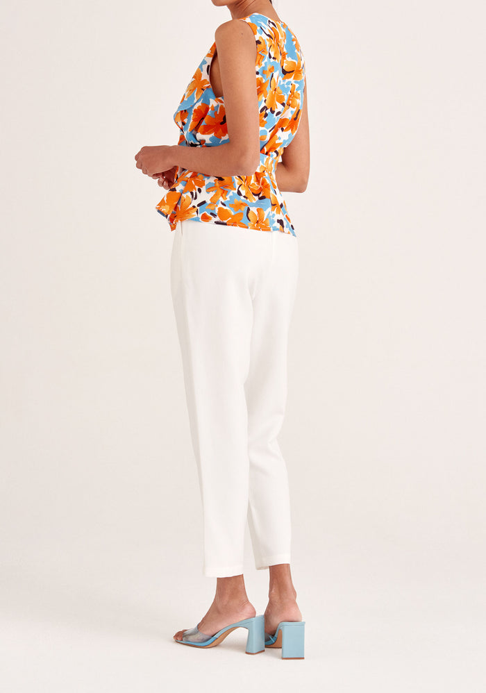 Paisie Floral Sleeveless Frilled V-Neck Blouse in Orange Back