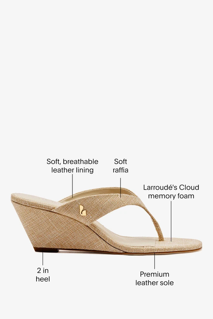 Gaia Low Wedge In Beige Raffia Mule Larroudé