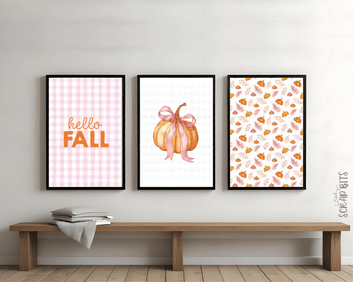 Gallery Wall Set, Hello Fall Pink Gingham Bow Pumpkin, Leaves, Coquette . Instant Download, 5 Print Sizes - Scrap Bits