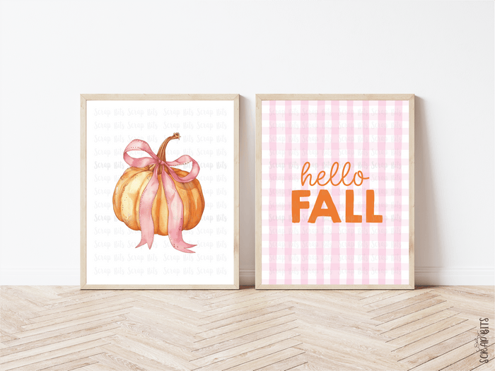 Gallery Wall Set, Hello Fall Pink Gingham Bow Pumpkin, Leaves, Coquette . Instant Download, 5 Print Sizes - Scrap Bits