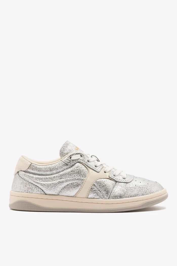 George Sneaker In Silver Sparkle Leather and Ivory Leather Sneaker Larroudé