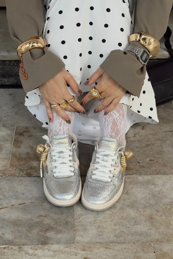 George Sneaker In Silver Sparkle Leather and Ivory Leather Sneaker Larroudé