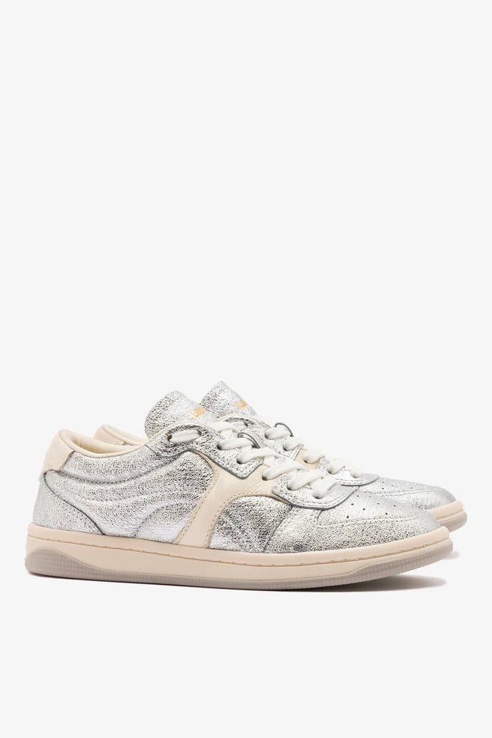 George Sneaker In Silver Sparkle Leather and Ivory Leather Sneaker Larroudé