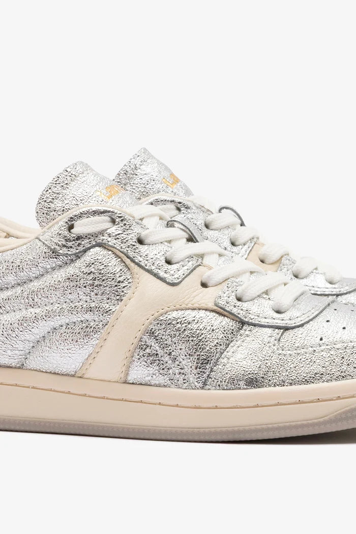 George Sneaker In Silver Sparkle Leather and Ivory Leather Sneaker Larroudé