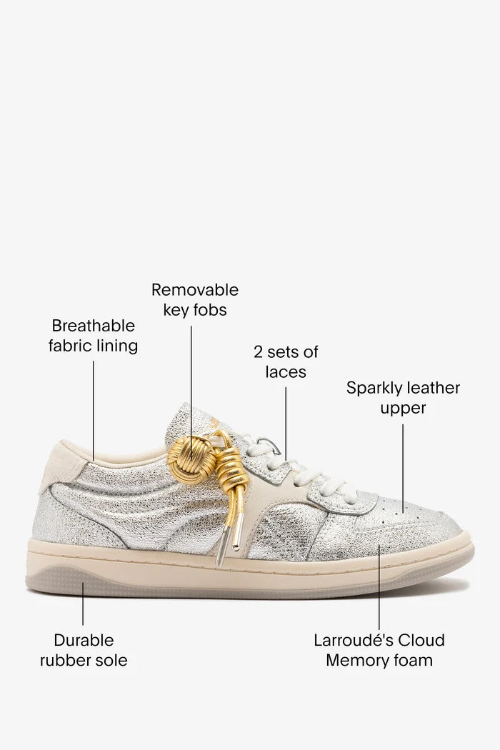 George Sneaker In Silver Sparkle Leather and Ivory Leather Sneaker Larroudé