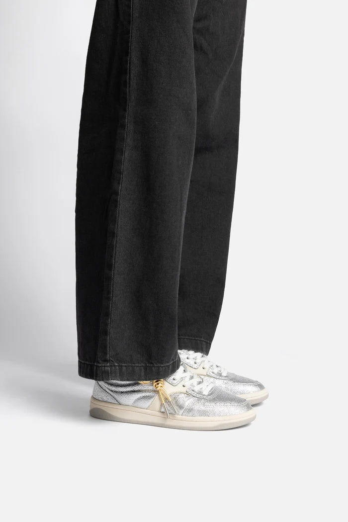 George Sneaker In Silver Sparkle Leather and Ivory Leather Sneaker Larroudé