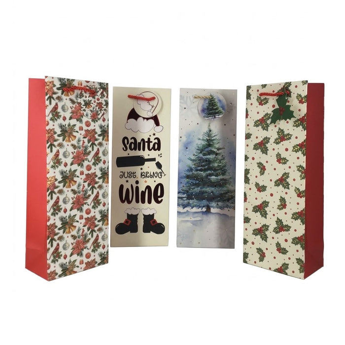 GiftRite Christmas Wine Gift Bags, 14" x 5" x 3.5", Assorted Designs, Wholesale