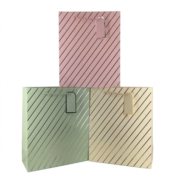 GiftRite Large Metallic Foil Diagonal Stripe Gift Bags, 13" x 10" x 5", Six Assorted Elegant Colors, Wholesale