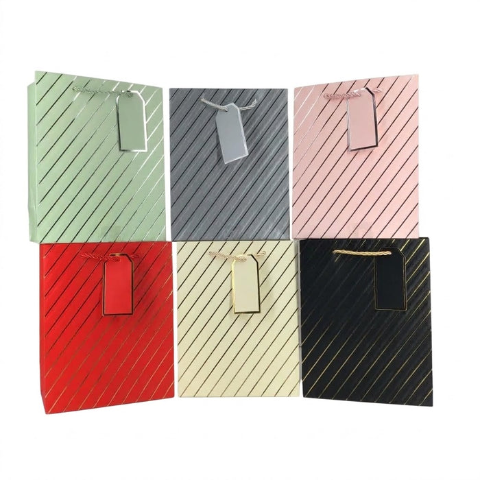 GiftRite Medium Metallic Foil Diagonal Stripe Gift Bags, 9" x 7" x 4", Six Assorted Elegant Colors, Wholesale