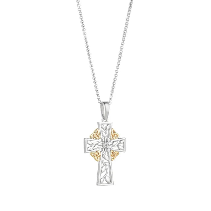 Gold And Silver Diamond Celtic Tree Of Life Cross Necklace