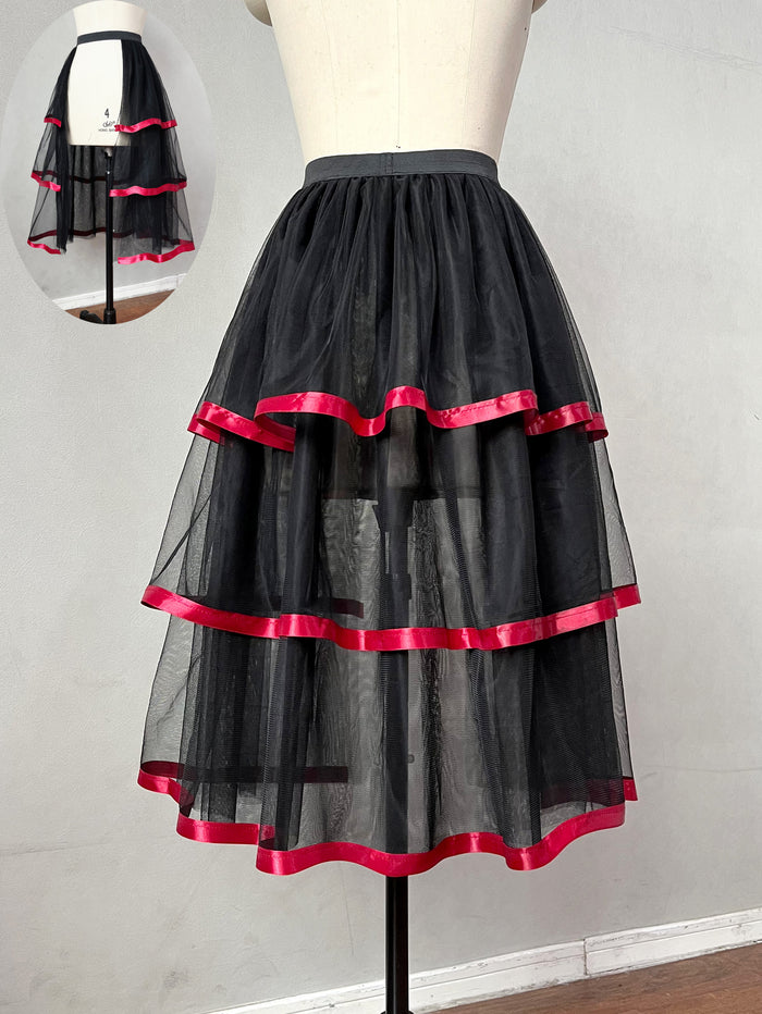Gothic Tulle Skirt 3 Tiers Ribbon Trim for Halloween Elastic Waist