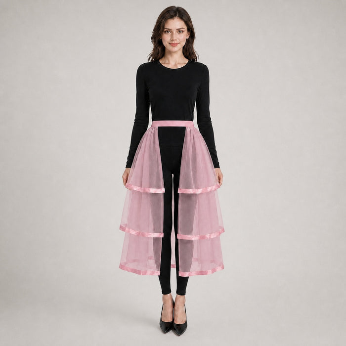 Gothic Tulle Skirt 3 Tiers Ribbon Trim for Halloween Elastic Waist