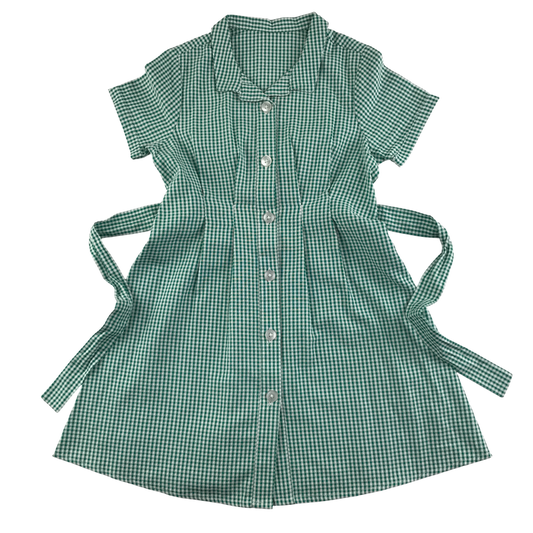 Green gingham with belt girls school summer dress