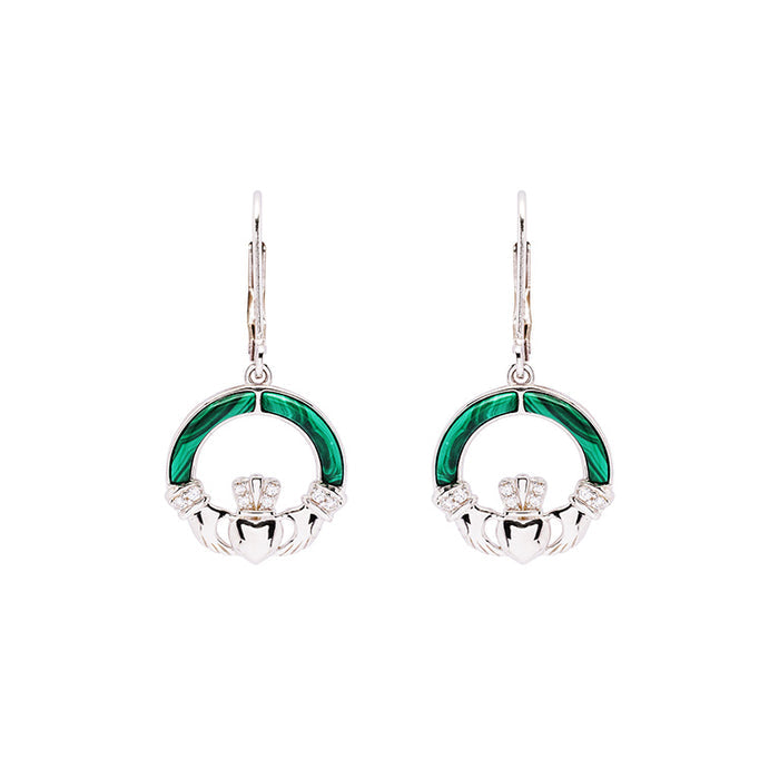 Green Malachite Sterling Silver Claddagh Drop Earrings