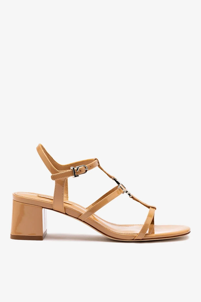 Hana Block In Tan Patent Leather Sandal Larroudé